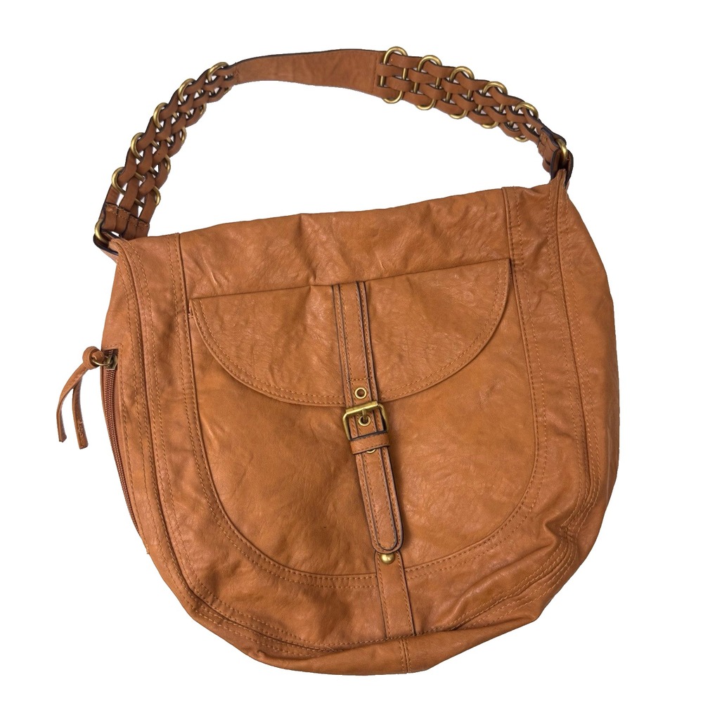Faux Leather Hobo Shoulder Bag Braided Brass Link Bohemian Beachy Coastal Large